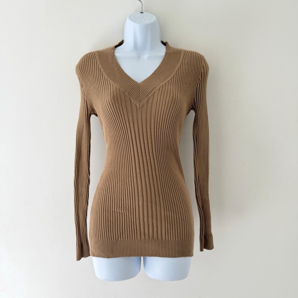Authentic Y2K Ribbed V Neck Sweater Top Tan Preppy Academia Women's Size M